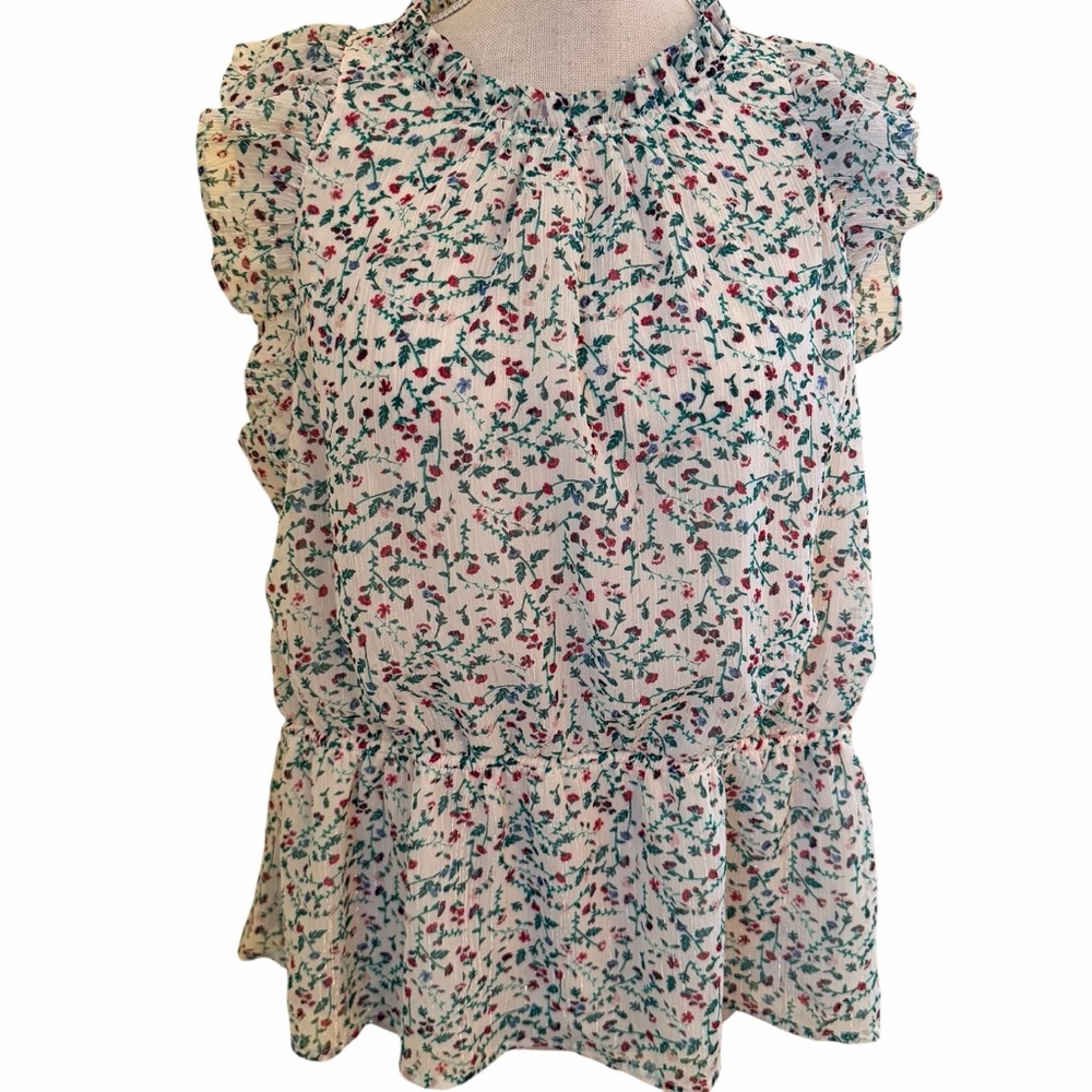 Banana Republic Cream with Red/Green Floral Ruffle Sleeve Peplum Blouse XLP